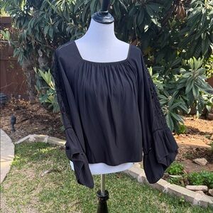 Ramy Brook Black Gathered Square-Neck Blouse with Lace Sleeves